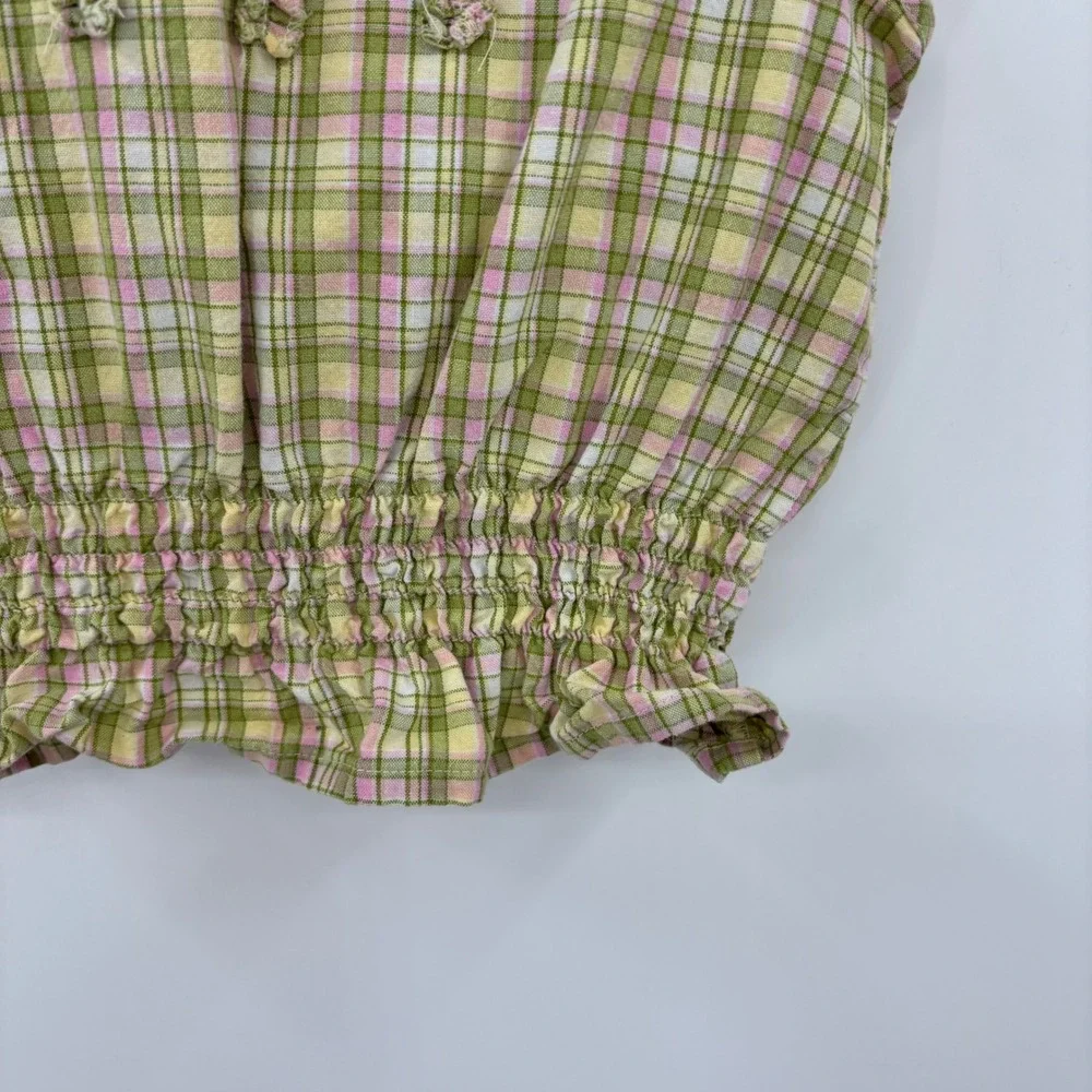 cc.bates Plaid Sleeveless Top Kids 6 Green Pink Ruffle Smocked Peplum Blouse